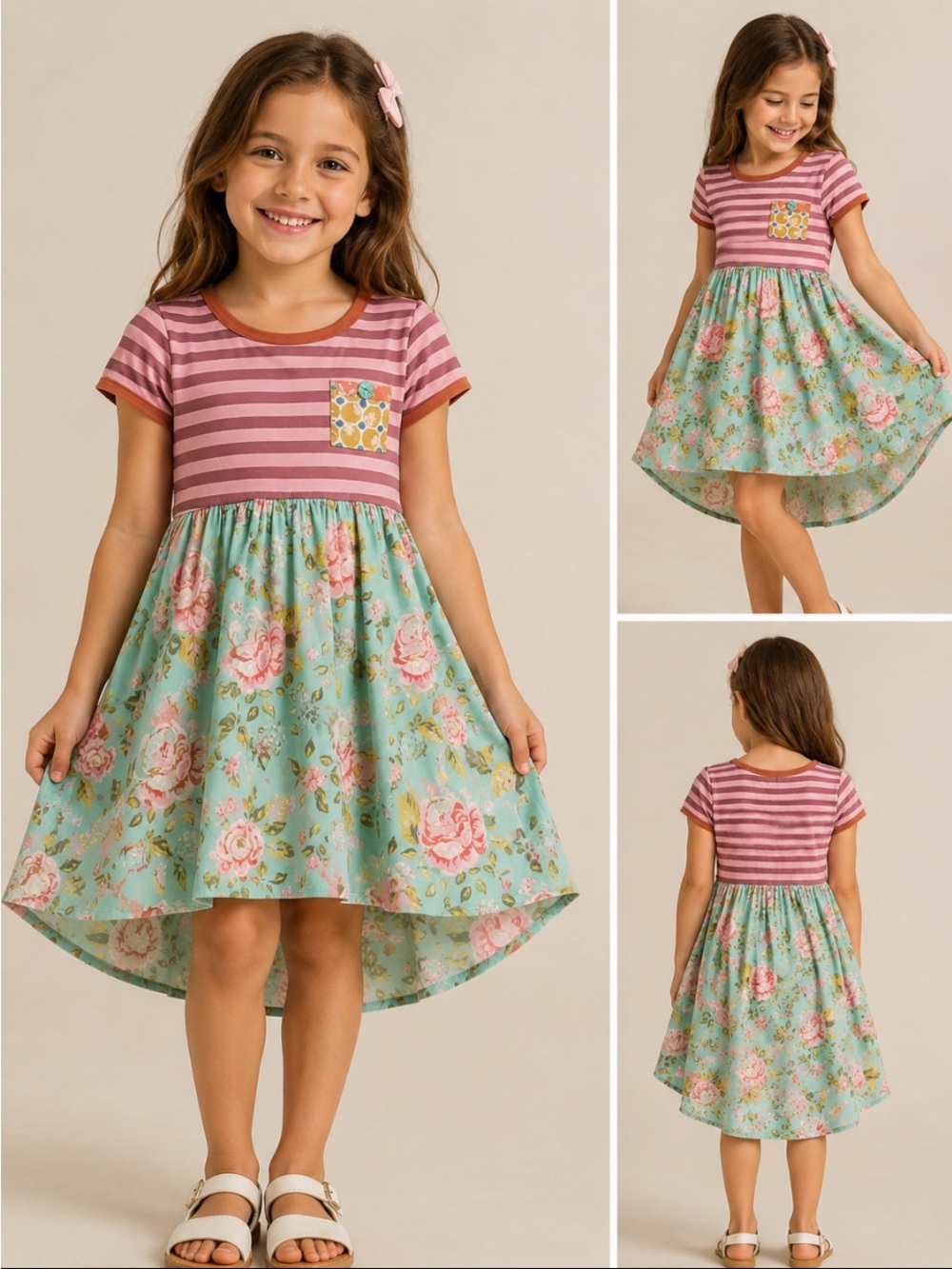 WILDFLOWERS Girls Pink Striped & Mint Floral Hi-Low Dress PERFECT